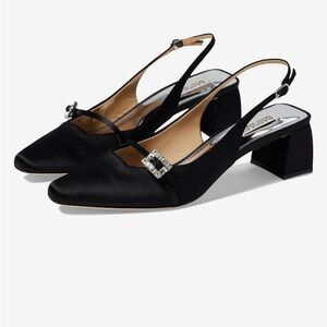 Badgley Mischka Black Satin Slingback Heels with Crystal Buckle